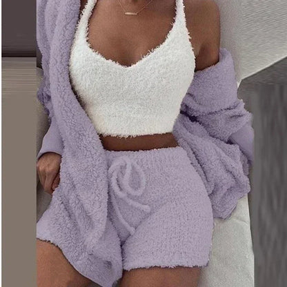 2024 New Winter Women Velvet Pajamas Set Sexy V Neck Crop Top+Shorts+Cardigans Coat 3 Pieces Suit Warm Thick Homewear Outfit 3XL