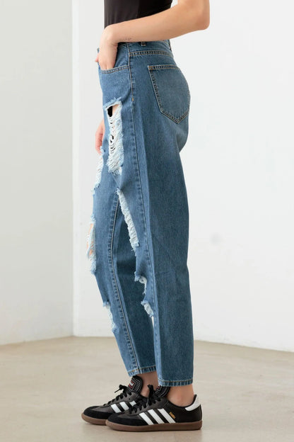 Destroyed High Waist Mom Style Fit Jeans