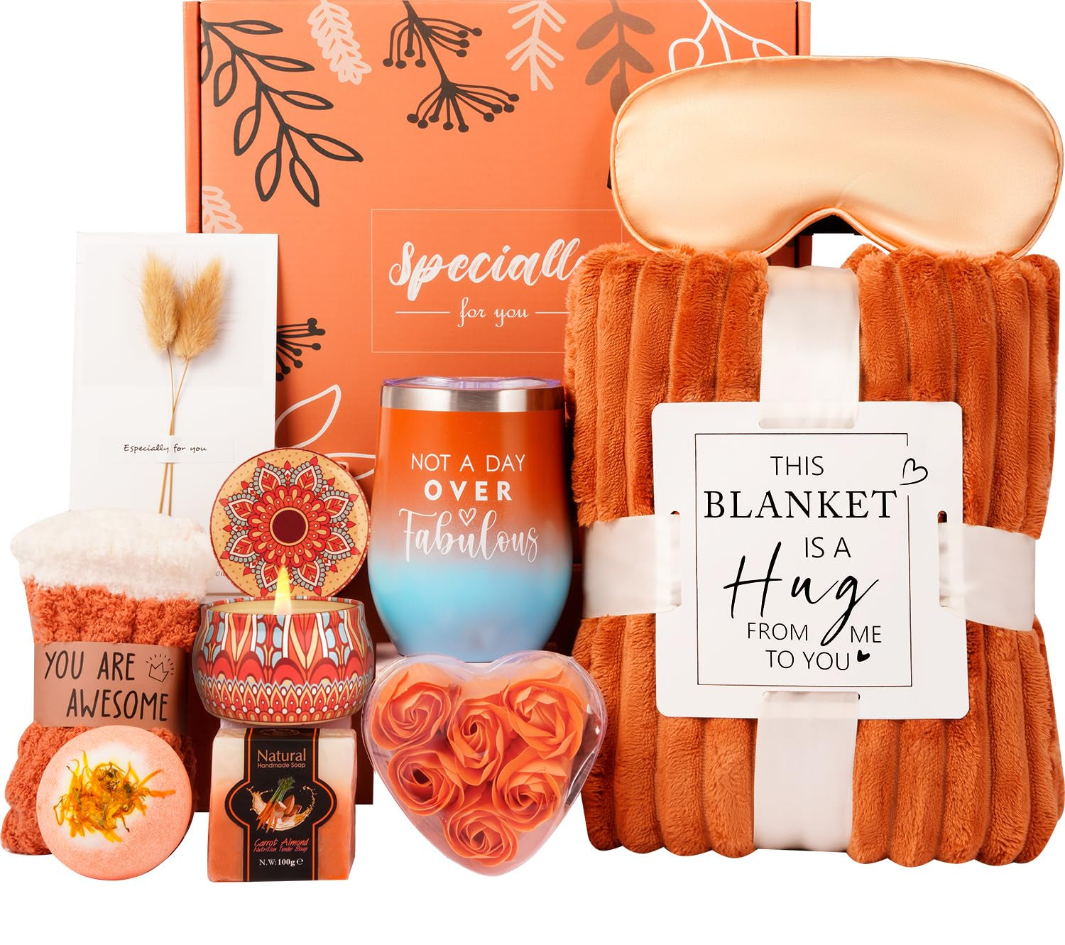 Gifts for Women,Cozy Gifts, Happy Birthday,Luxury Self Care Get Well Gifts,Relaxing Spa Gifts Baskets W/ Blanket Socks Orange Rose,Mother’S Day,Valentine’S Day Gifts for Her