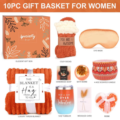 Gifts for Women,Cozy Gifts, Happy Birthday,Luxury Self Care Get Well Gifts,Relaxing Spa Gifts Baskets W/ Blanket Socks Orange Rose,Mother’S Day,Valentine’S Day Gifts for Her