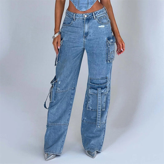 Women'S Suit Low Waist Three-Dimensional Tube Top and Pocket Stitching Cargo Jeans