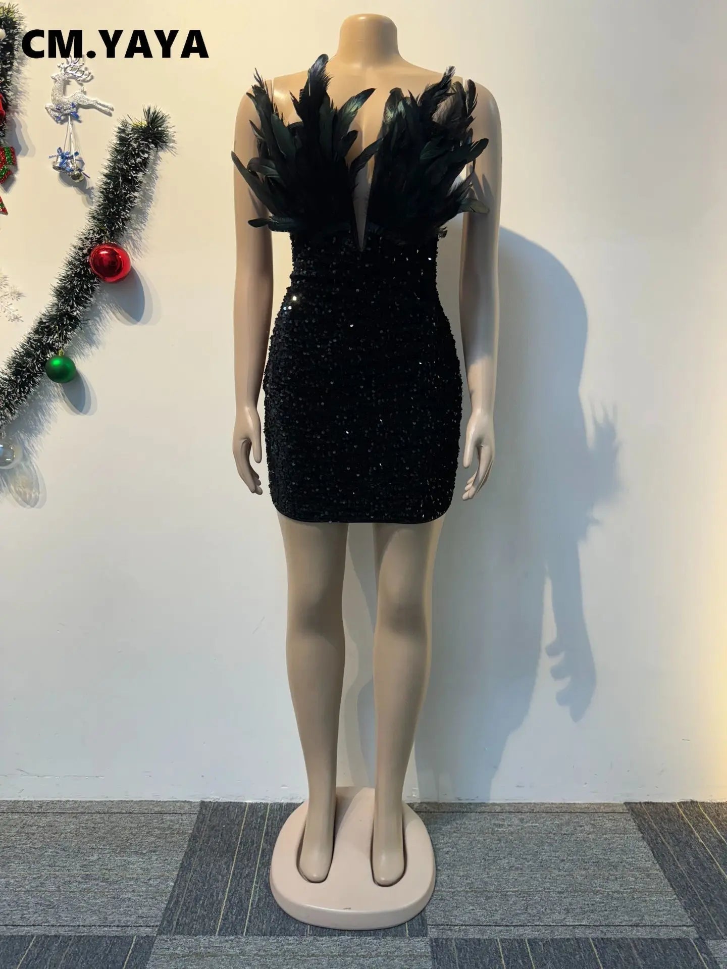 Women Sequined Feather Mesh Strapless Bodycon Midi Dress