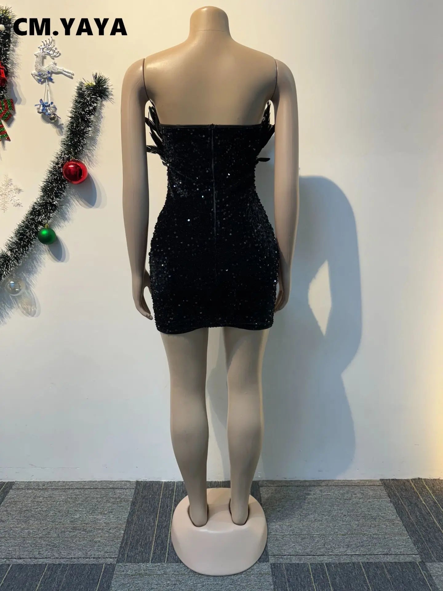 Women Sequined Feather Mesh Strapless Bodycon Midi Dress