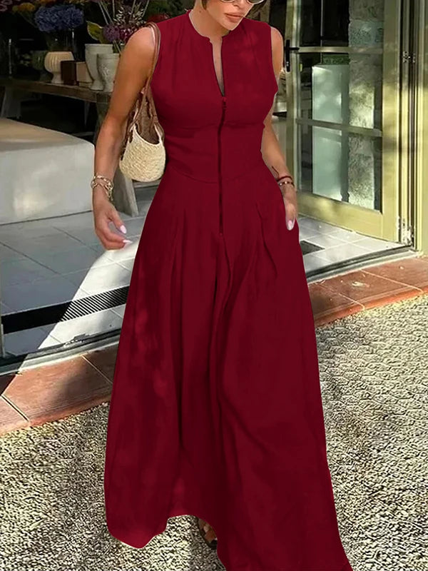 Yeezzi 2024 New Female Stylish Solid Color Zipper Minimalist Maxi Dresses Sleeveless Casual Office A-line Long Dress For Women