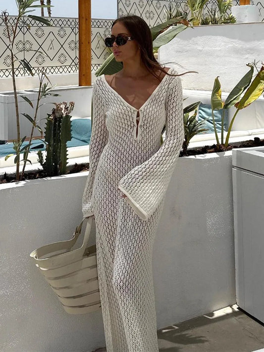 Deep V-Neck Hollow-Out Beach Knitwear Backless Dress