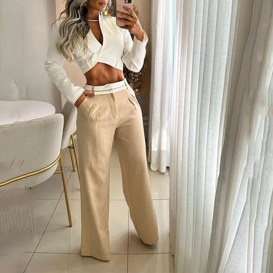 Women Two Piece Sleeve Lapel High Waist Short Top Loose With Pockets Set