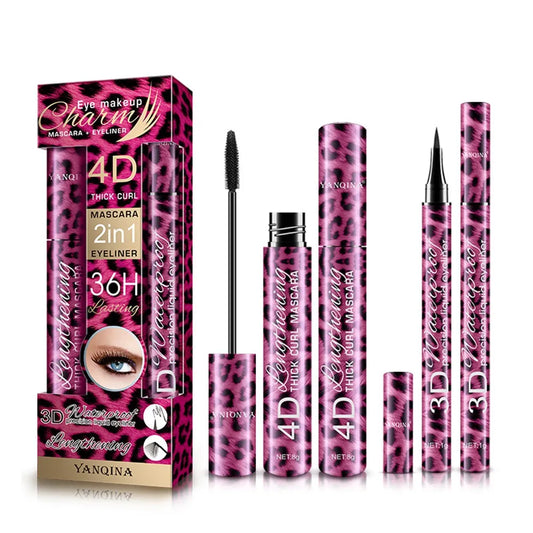 36-Hour Lasting Curling Eyeliner +4D Fiber Mascara Elongate Eyelashes Leopard Print Black Mascara Waterproof Eye Makeup Cosmetic