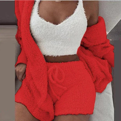 2024 New Winter Women Velvet Pajamas Set Sexy V Neck Crop Top+Shorts+Cardigans Coat 3 Pieces Suit Warm Thick Homewear Outfit 3XL