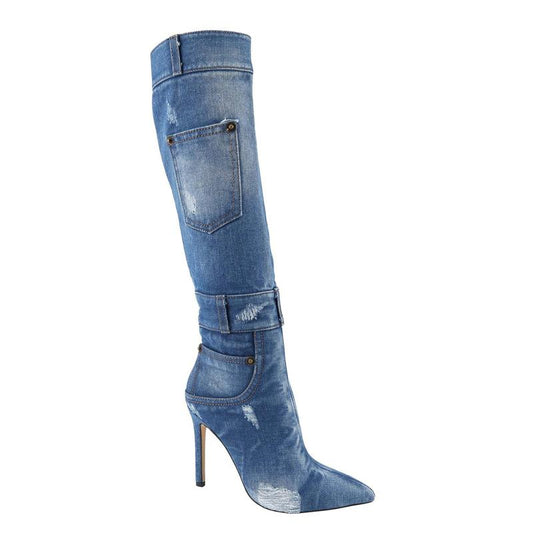 Belovely Women'S Denim Mid-Calf Boots with Pointed Toes (ORDER SIZE UP!) | Going Out Heels with Rubber Padded Sole for Comfort and Style